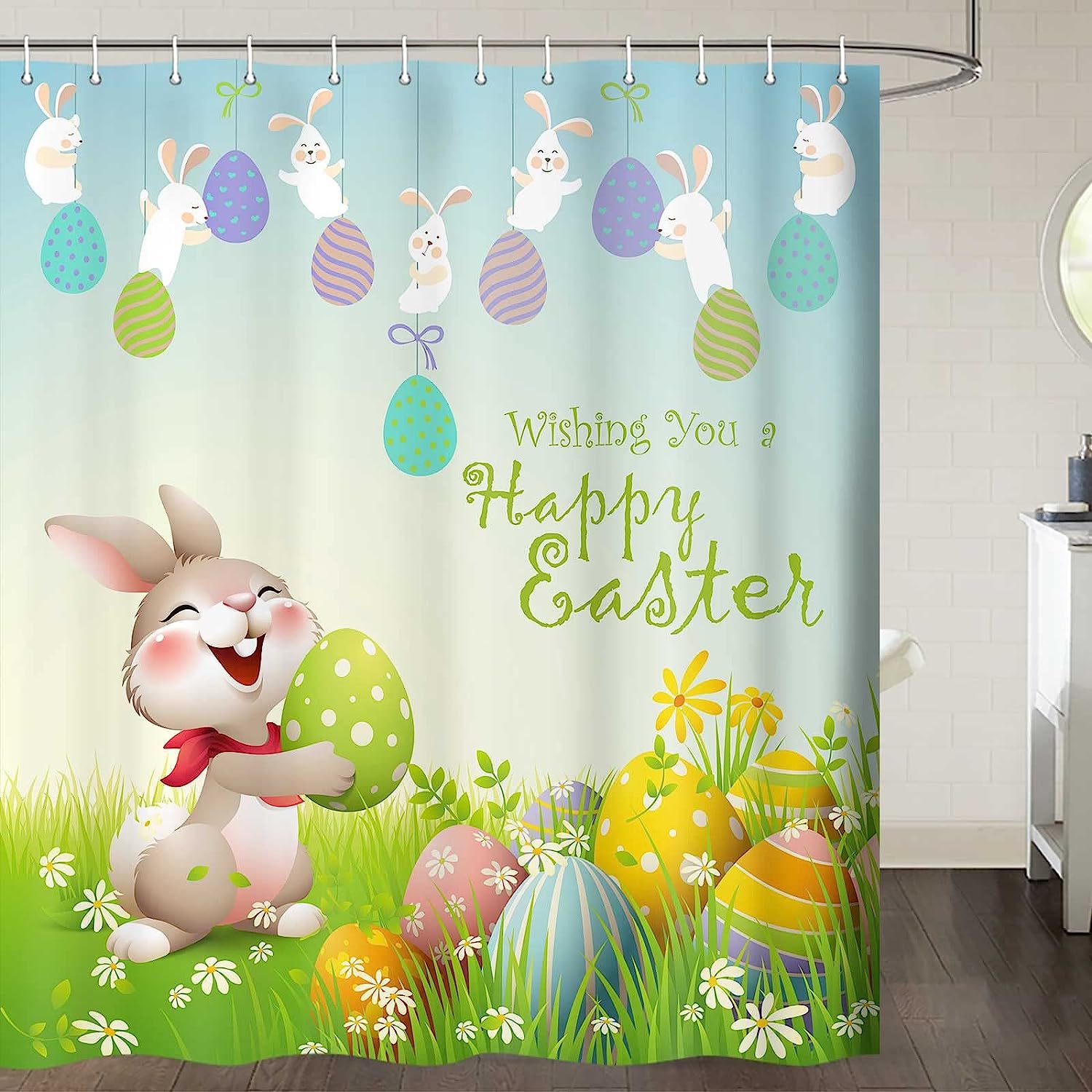 Colorful Easter Bunny Shower Curtain with Eggs and Flowers in Grass