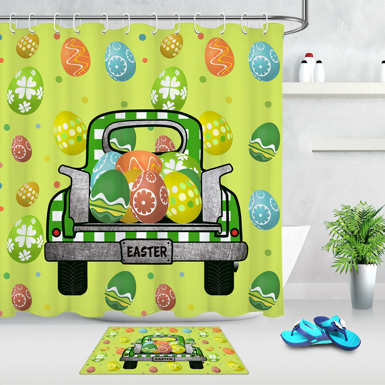 Colorful Easter Colorful Eggs Cartoon Rabbit Shower Curtain For A Fun Easter Bathroom