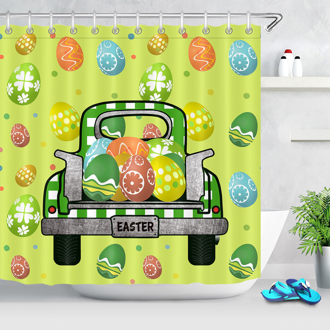 Colorful Easter Colorful Eggs Cartoon Rabbit Shower Curtain For A Fun Easter Bathroom