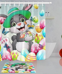 Colorful Easter Colorful Eggs Cartoon Rabbit Shower Curtain For A Happy Easter Bathroom.