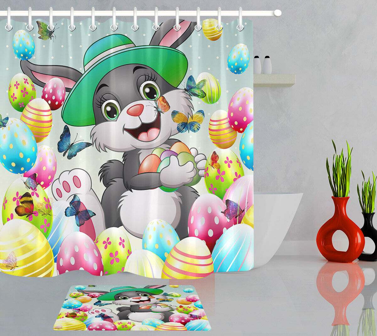 Colorful Easter Colorful Eggs Cartoon Rabbit Shower Curtain For A Happy Easter Bathroom.