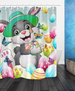 Colorful Easter Colorful Eggs Cartoon Rabbit Shower Curtain For A Happy Easter Bathroom.