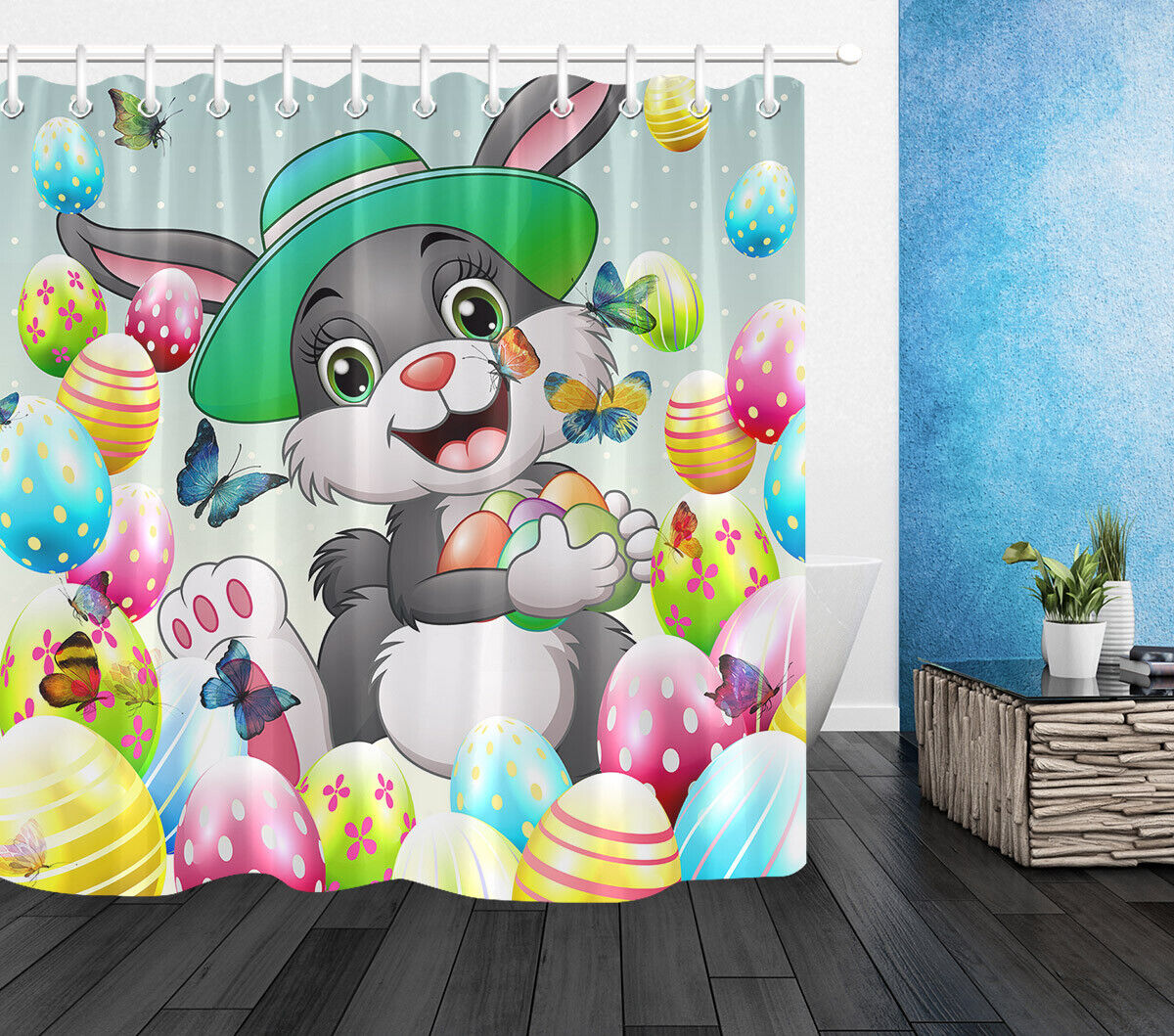Colorful Easter Colorful Eggs Cartoon Rabbit Shower Curtain For A Happy Easter Bathroom.
