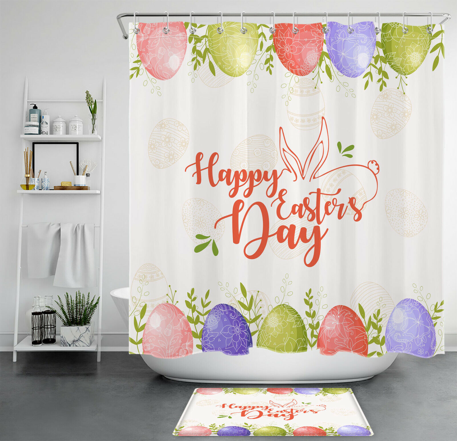 Colorful Easter Eggs And Green Leaves Print Shower Curtain For Bathroom Decor