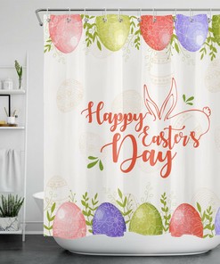 Colorful Easter Eggs And Green Leaves Print Shower Curtain For Bathroom Decor