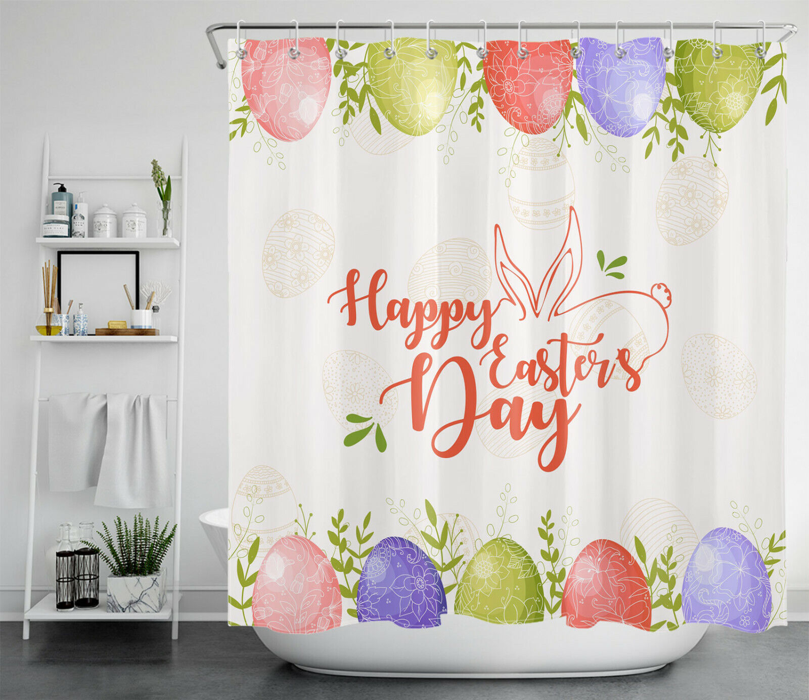 Colorful Easter Eggs And Green Leaves Print Shower Curtain For Bathroom Decor