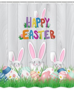 Colorful Easter Eggs Print Shower Curtain with Cute Rabbit on Grey Wood Board