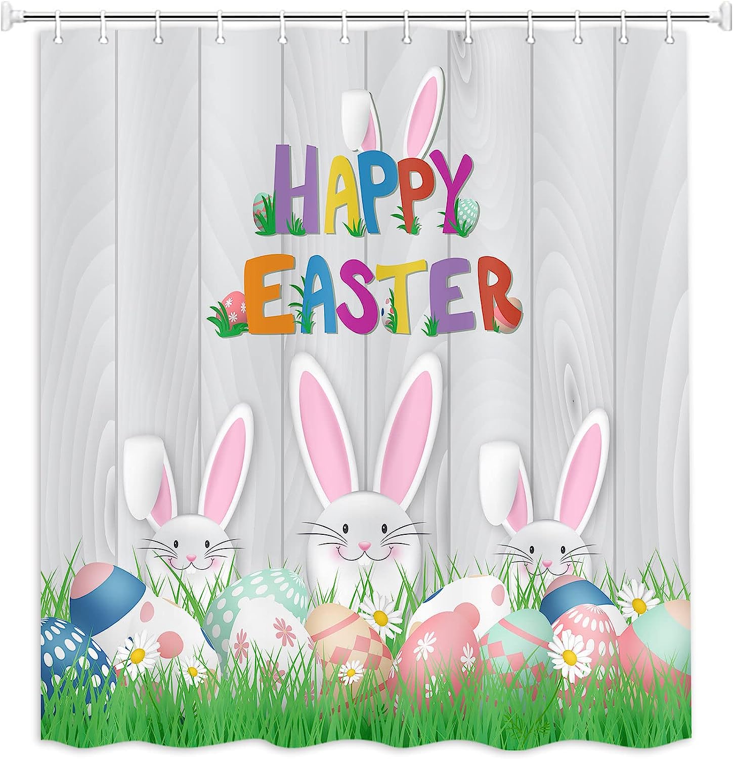 Colorful Easter Eggs Print Shower Curtain with Cute Rabbit on Grey Wood Board