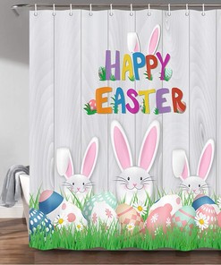 Colorful Easter Eggs Print Shower Curtain with Cute Rabbit on Grey Wood Board