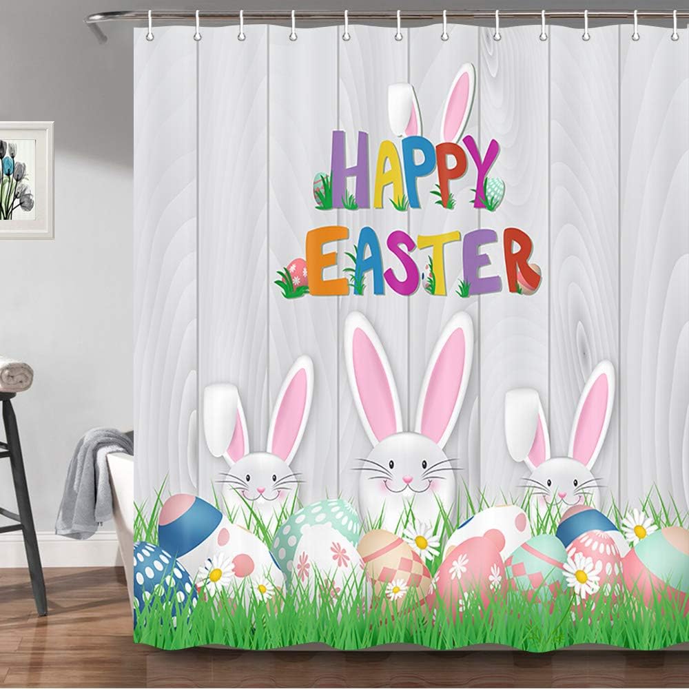 Colorful Easter Eggs Print Shower Curtain with Cute Rabbit on Grey Wood Board