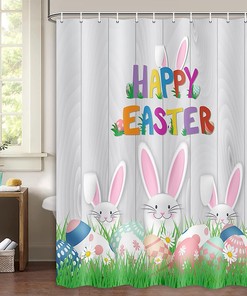 Colorful Easter Eggs Print Shower Curtain with Cute Rabbit on Grey Wood Board