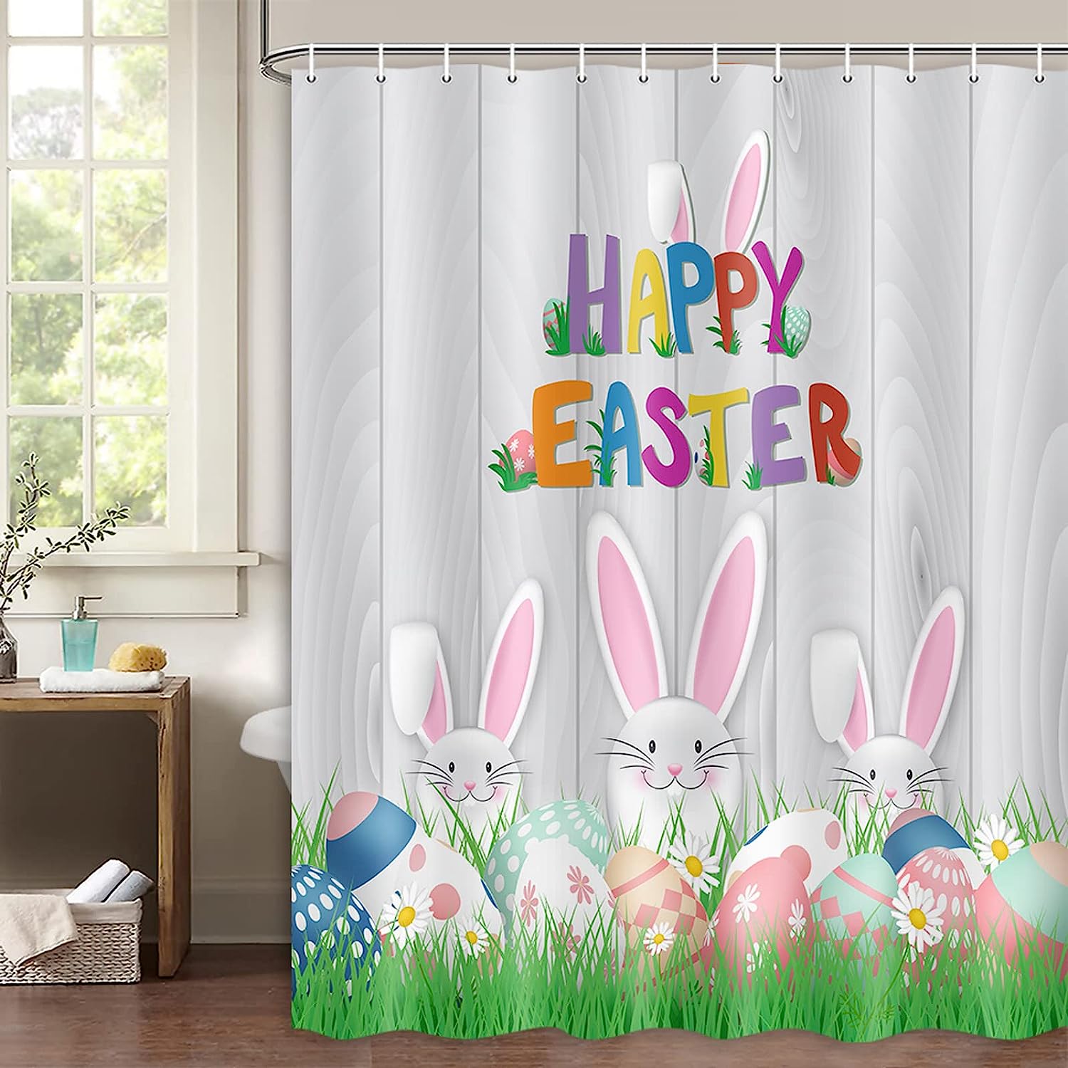 Colorful Easter Eggs Print Shower Curtain with Cute Rabbit on Grey Wood Board