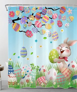 Colorful Easter Eggs Shower Curtain, Bunny And Green Leaf On Blue Fabric, Cartoon Spring Holiday Decor 