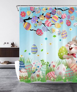 Colorful Easter Eggs Shower Curtain, Bunny And Green Leaf On Blue Fabric, Cartoon Spring Holiday Decor