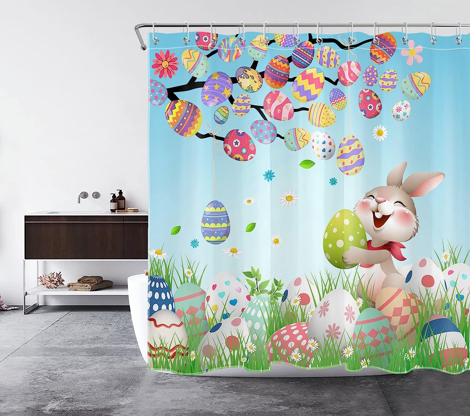 Colorful Easter Eggs Shower Curtain, Bunny And Green Leaf On Blue Fabric, Cartoon Spring Holiday Decor