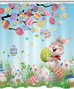 Colorful Easter Eggs Shower Curtain, Bunny And Green Leaf On Blue Fabric, Cartoon Spring Holiday Decor