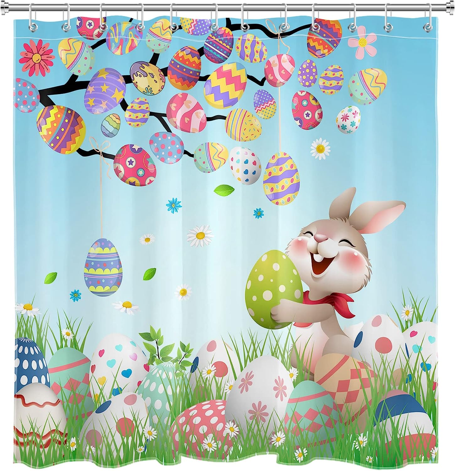 Colorful Easter Eggs Shower Curtain, Bunny And Green Leaf On Blue Fabric, Cartoon Spring Holiday Decor