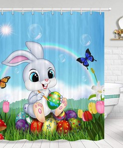 Colorful Easter Eggs Shower Curtain, Bunny Rabbit Butterfly Bathroom Decor 