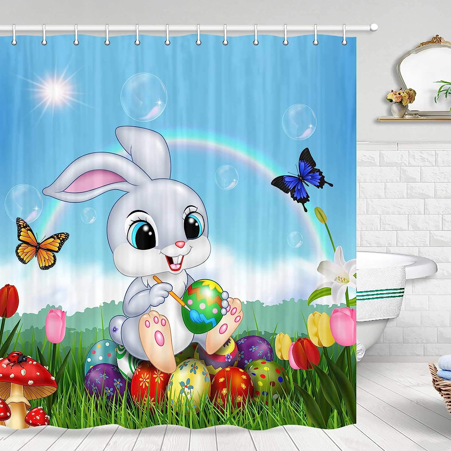 Colorful Easter Eggs Shower Curtain, Bunny Rabbit Butterfly Bathroom Decor