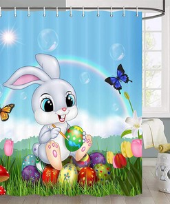 Colorful Easter Eggs Shower Curtain, Bunny Rabbit Butterfly Bathroom Decor