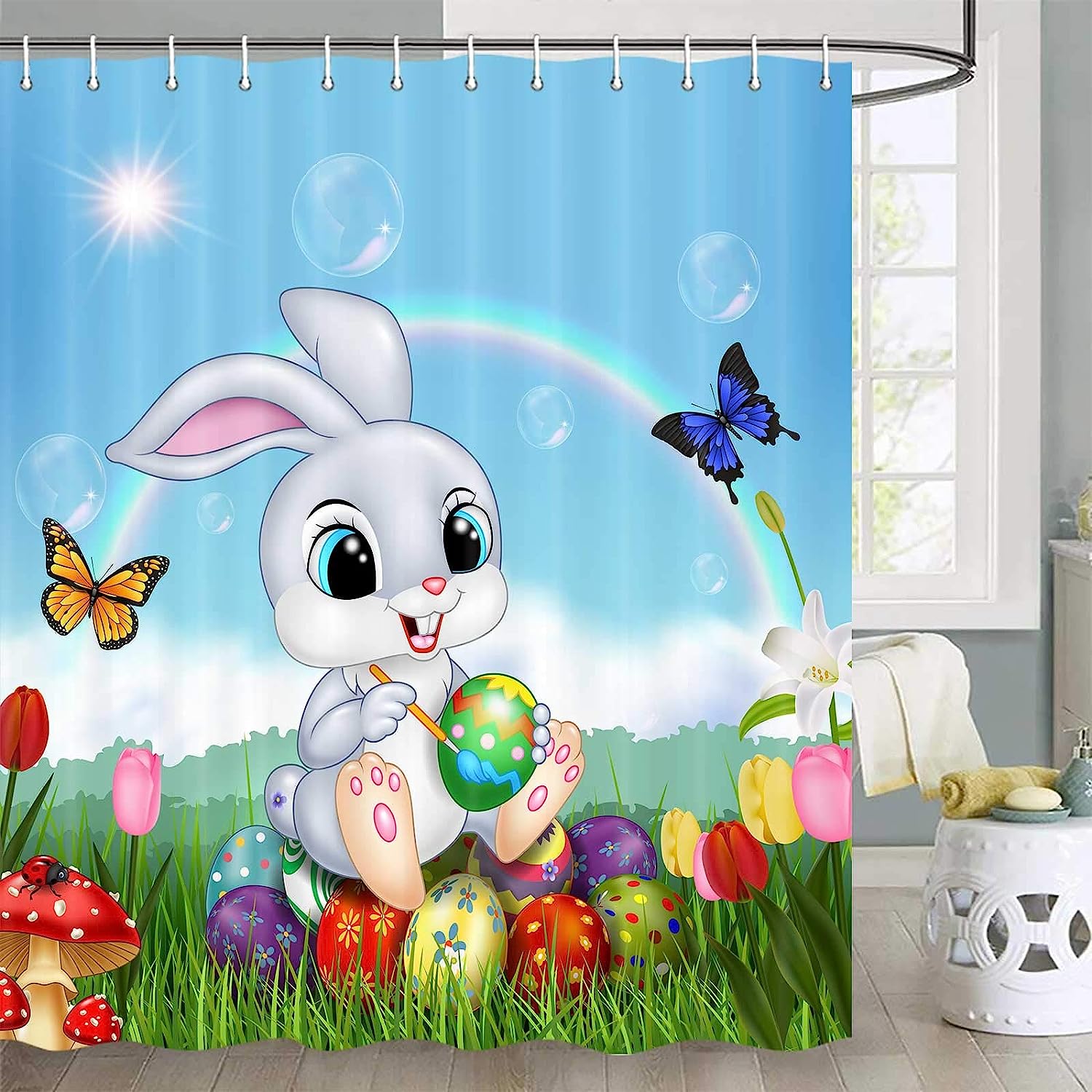 Colorful Easter Eggs Shower Curtain, Bunny Rabbit Butterfly Bathroom Decor