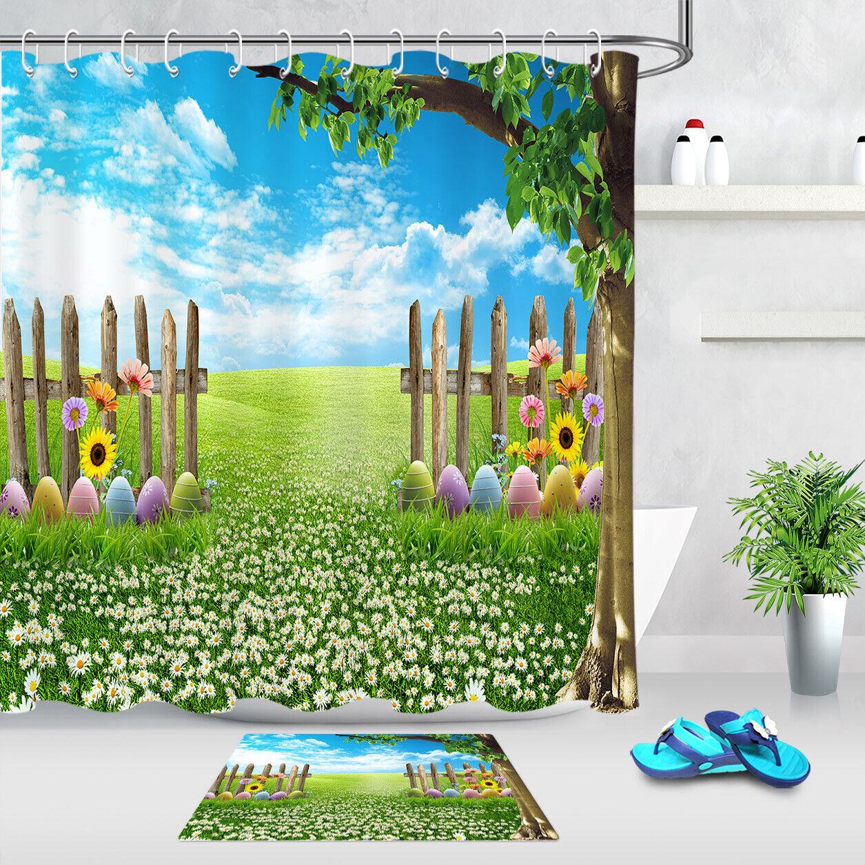 Colorful Easter Eggs Shower Curtain - Butterflies & Flowers Bathroom Decor