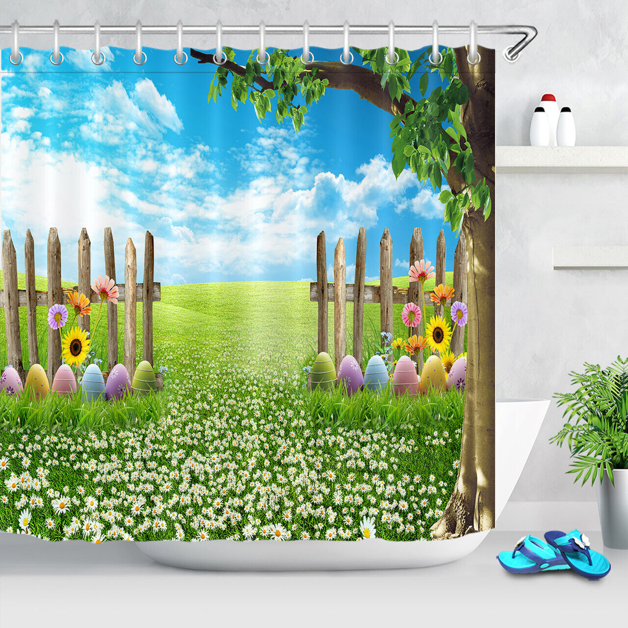 Colorful Easter Eggs Shower Curtain - Butterflies & Flowers Bathroom Decor