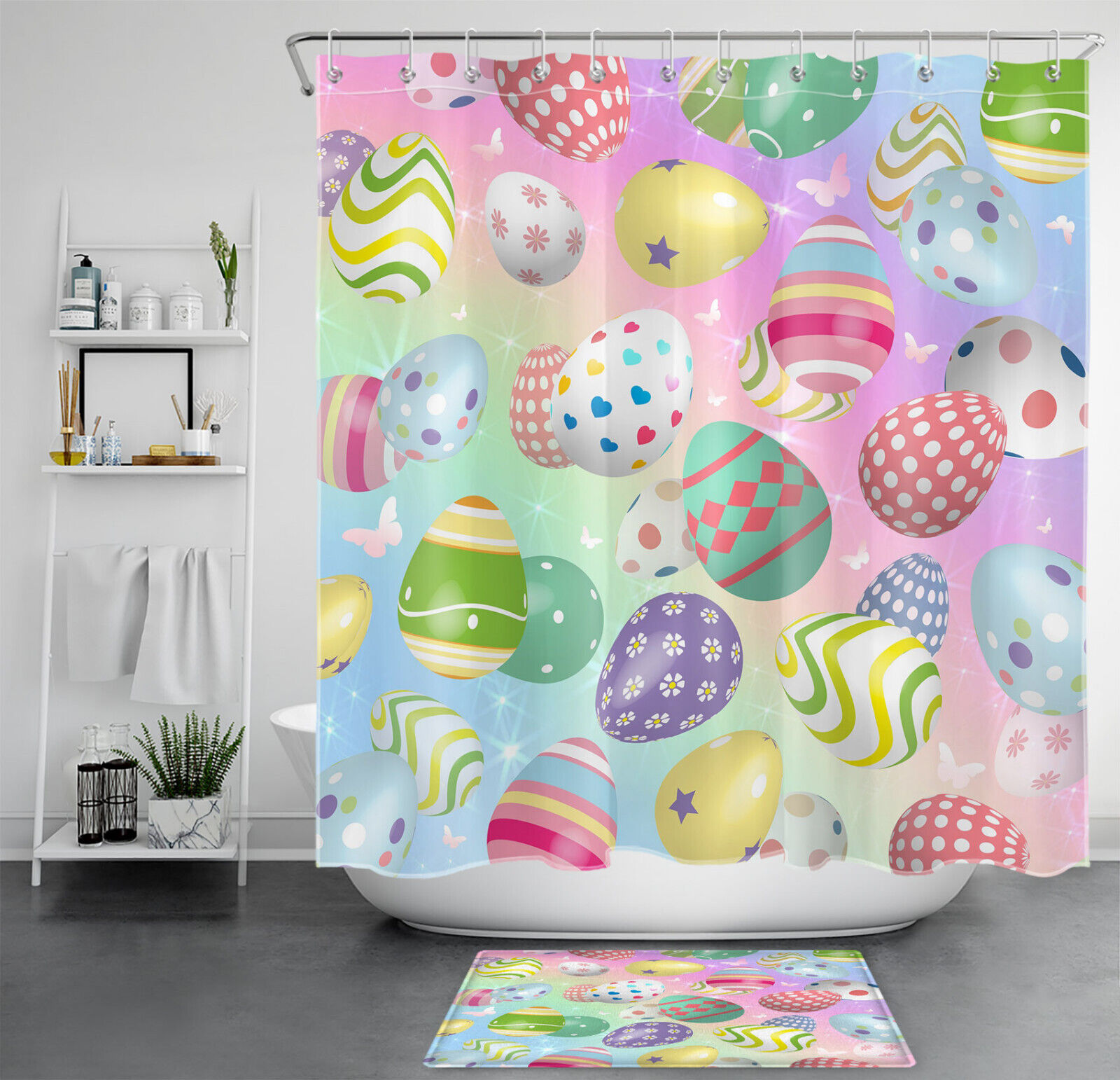 Colorful Easter Eggs and Butterfly Shower Curtain for Cheerful Spring Bathroom Decor