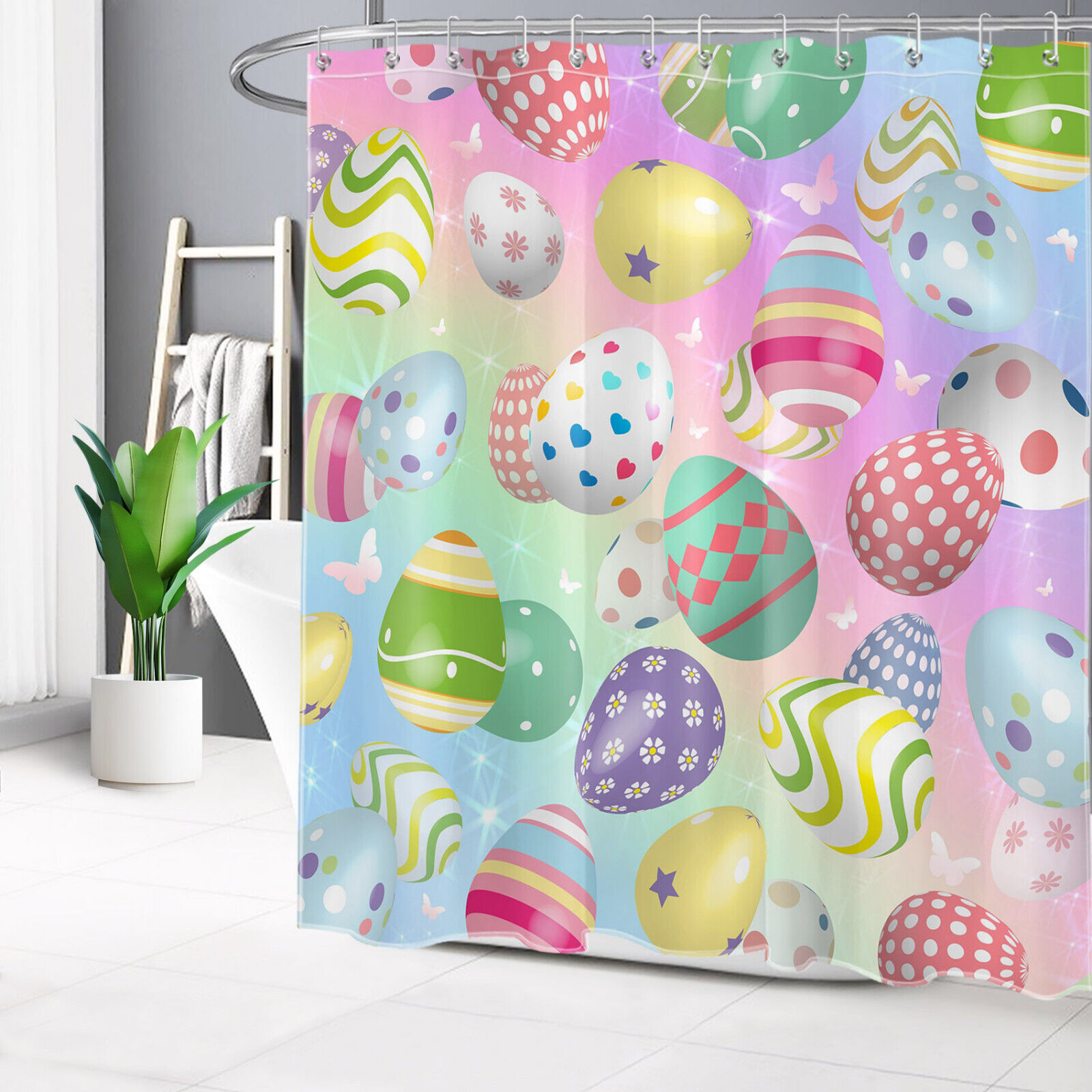 Colorful Easter Eggs and Butterfly Shower Curtain for Cheerful Spring Bathroom Decor