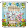 Colorful Easter Rabbit and Eggs Print Shower Curtain on Teal Wood
