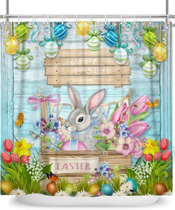 Colorful Easter Rabbit and Eggs Print Shower Curtain on Teal Wood