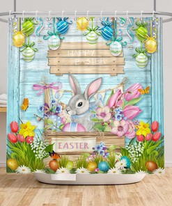 Colorful Easter Rabbit and Eggs Print Shower Curtain on Teal Wood
