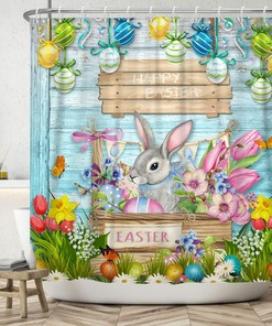 Colorful Easter Rabbit and Eggs Print Shower Curtain on Teal Wood