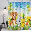 Colorful Easter Shower Curtain with Spring Garden Cartoon Rabbit Dog and Eggs Design for Kids Bathroom Decor