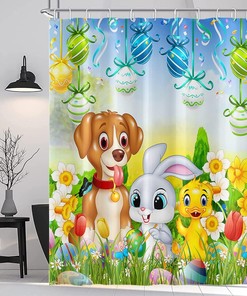 Colorful Easter Shower Curtain with Spring Garden Cartoon Rabbit Dog and Eggs Design for Kids Bathroom Decor