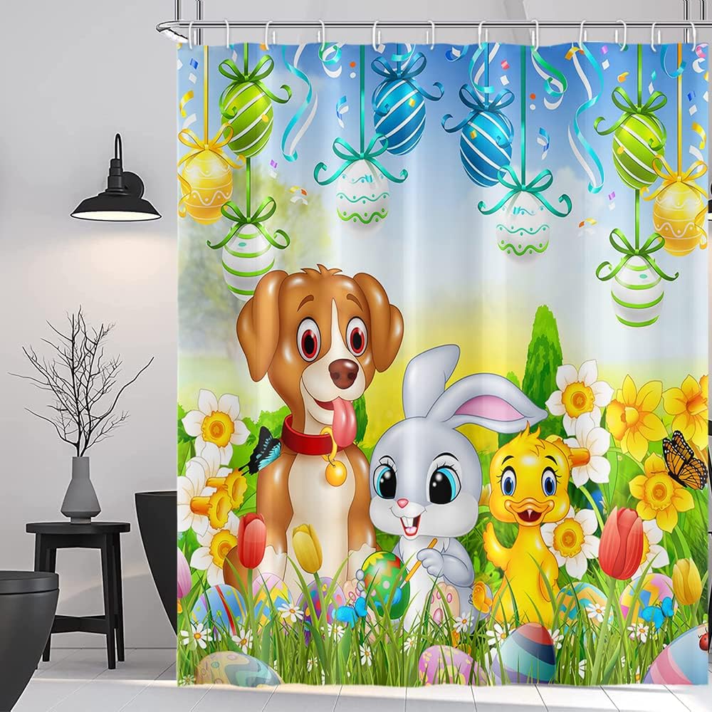 Colorful Easter Shower Curtain with Spring Garden Cartoon Rabbit Dog and Eggs Design for Kids Bathroom Decor