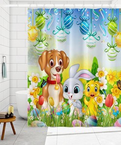 Colorful Easter Shower Curtain with Spring Garden Cartoon Rabbit Dog and Eggs Design for Kids Bathroom Decor