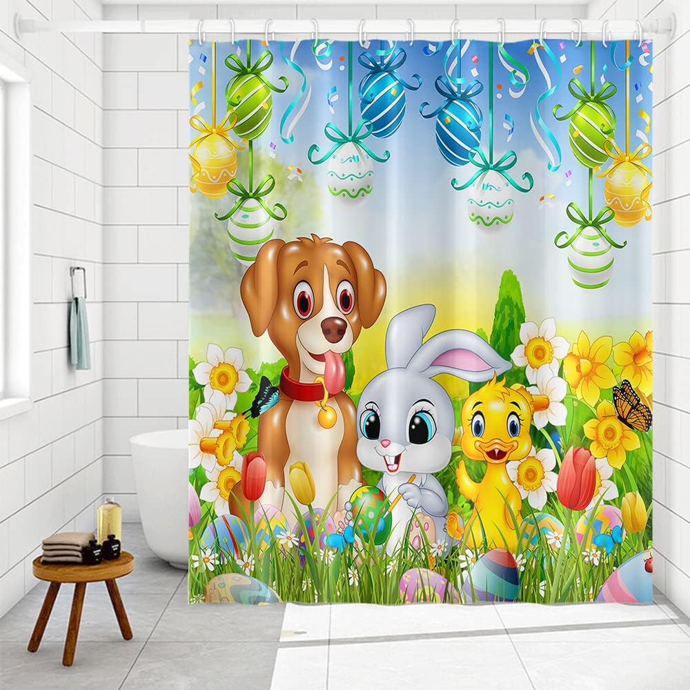 Colorful Easter Shower Curtain with Spring Garden Cartoon Rabbit Dog and Eggs Design for Kids Bathroom Decor