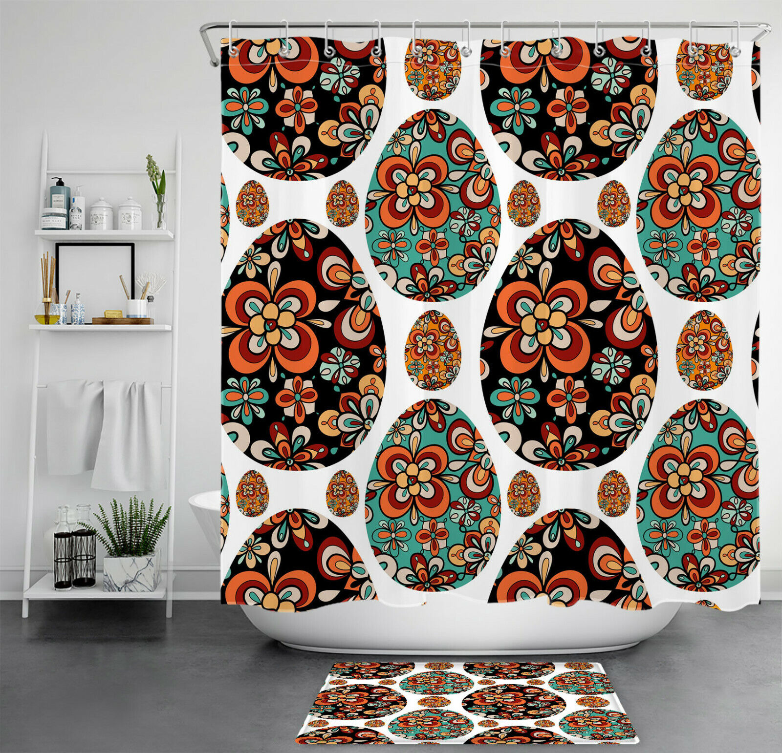 Colorful Eggs Shower Curtain - Retro Flower Easter Bathroom Decor