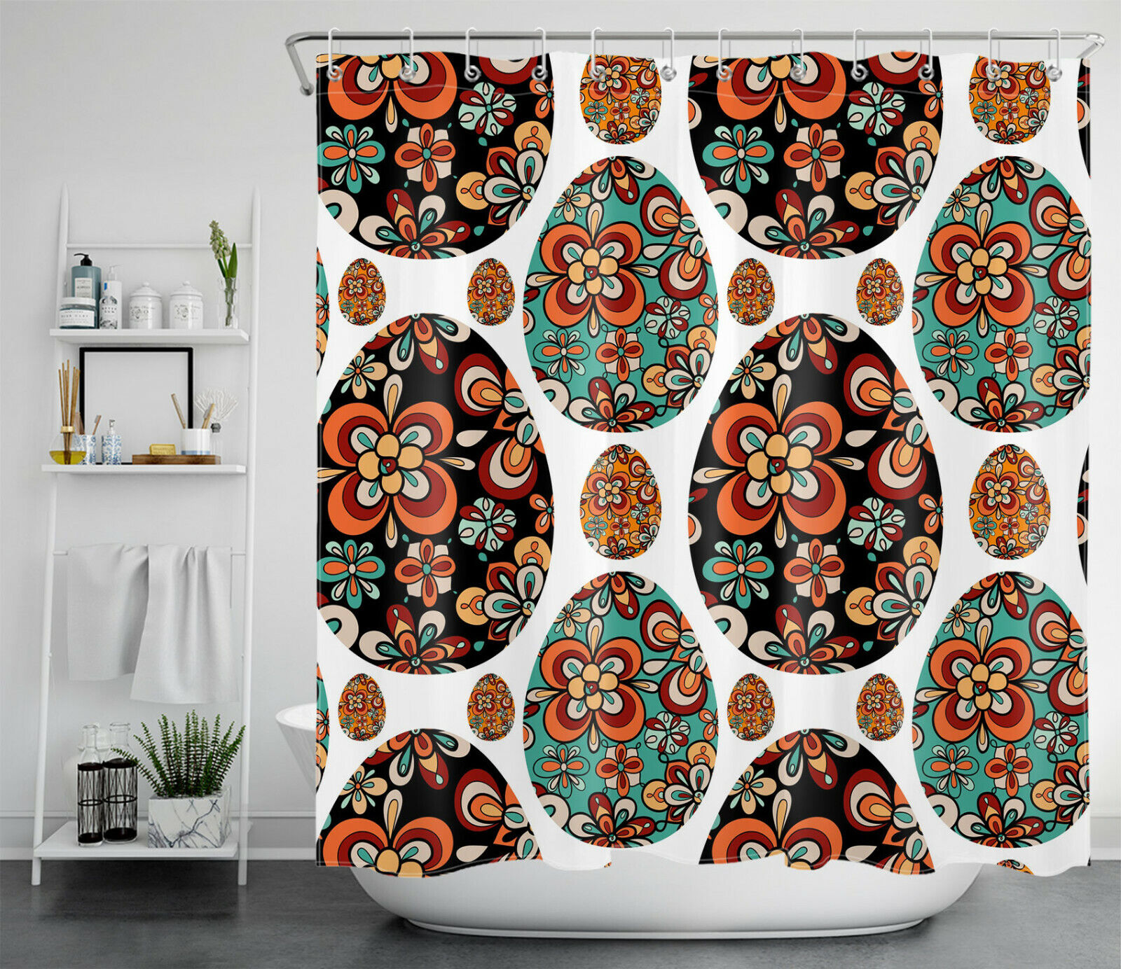 Colorful Eggs Shower Curtain - Retro Flower Easter Bathroom Decor - Image 2