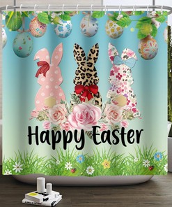 Colorful Eggs With Rabbits And Leopard Print Grass Shower Curtain For Easter Bathroom Decor