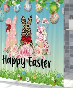 Colorful Eggs With Rabbits And Leopard Print Grass Shower Curtain For Easter Bathroom Decor