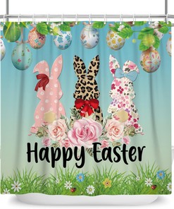 Colorful Eggs With Rabbits And Leopard Print Grass Shower Curtain For Easter Bathroom Decor