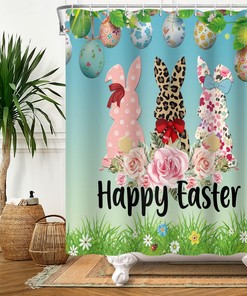 Colorful Eggs With Rabbits And Leopard Print Grass Shower Curtain For Easter Bathroom Decor