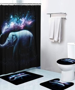 Colorful Elephant Shower Curtain On Black Background, Waterproof Bathroom Decorr