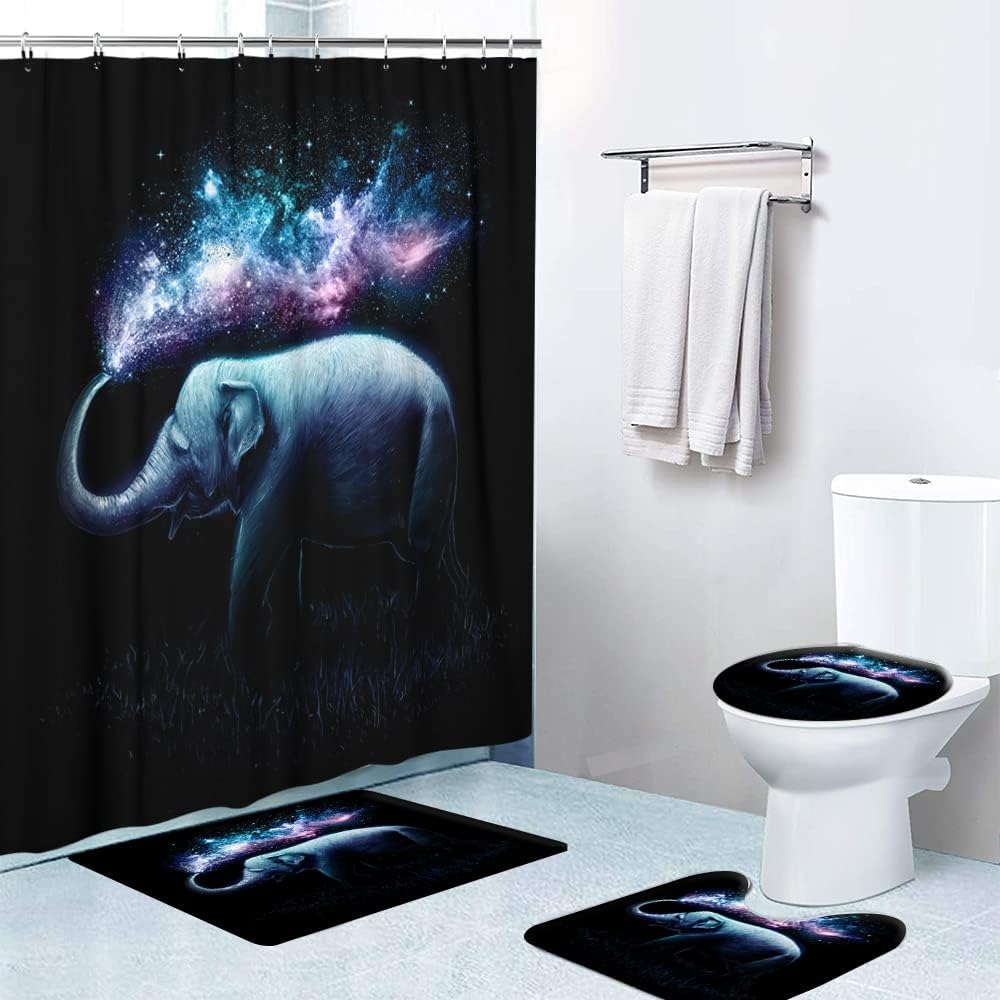 Colorful Elephant Shower Curtain On Black Background, Waterproof Bathroom Decorr