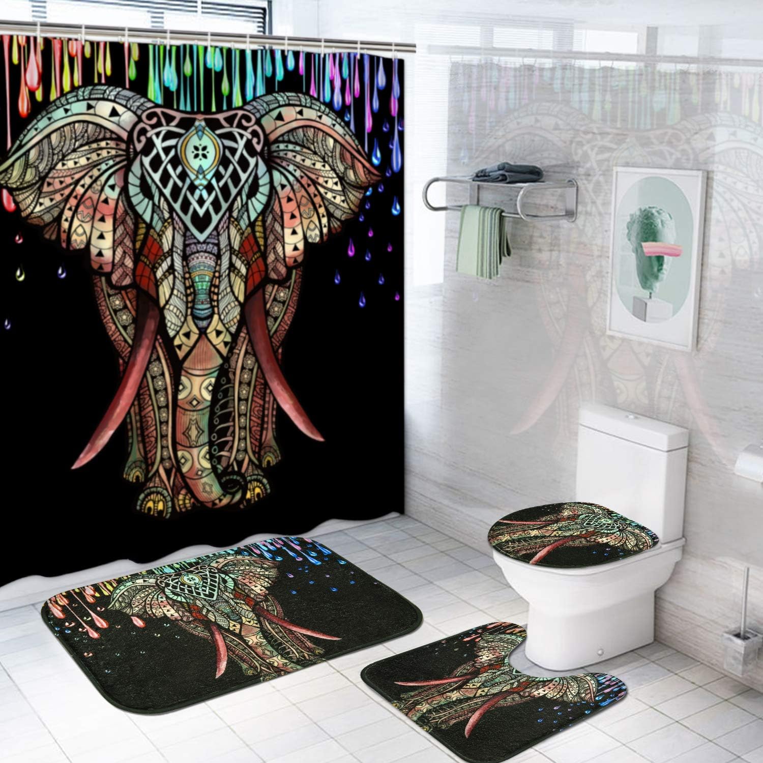 Colorful Elephant with Mandala Print Shower Curtain for African Bathroom Decor