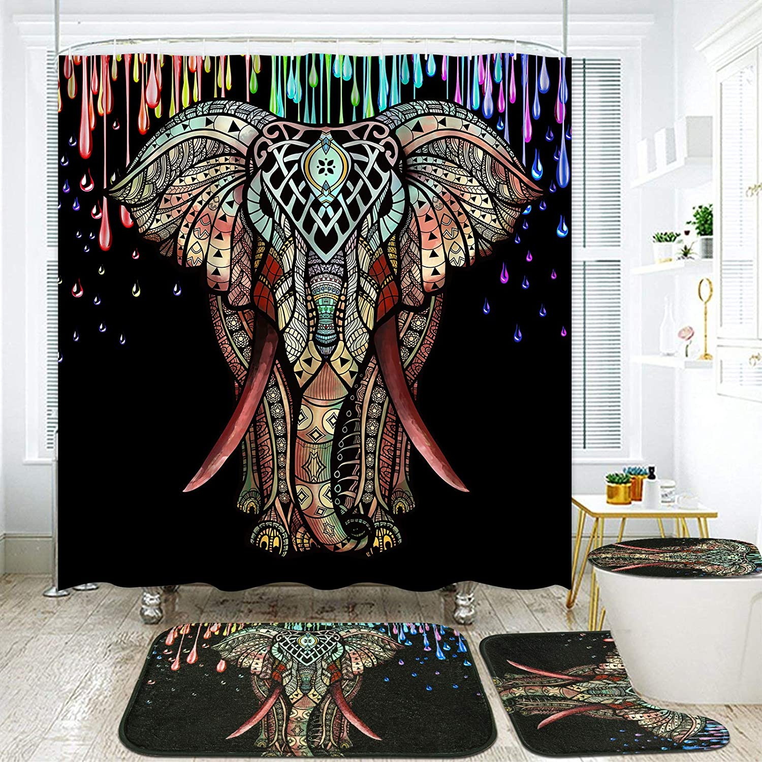 Colorful Elephant with Mandala Print Shower Curtain for African Bathroom Decor