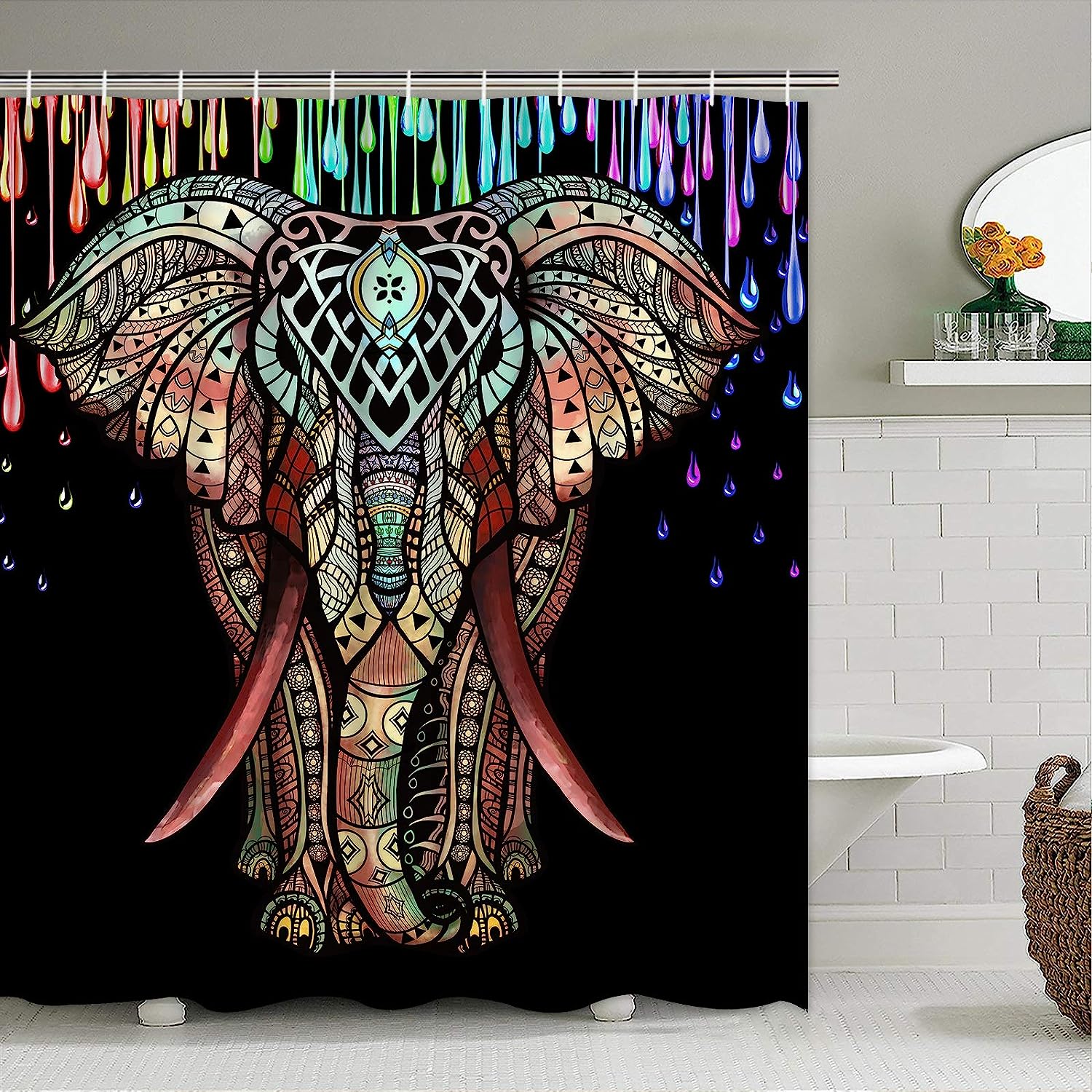 Colorful Elephant with Mandala Print Shower Curtain for African Bathroom Decor