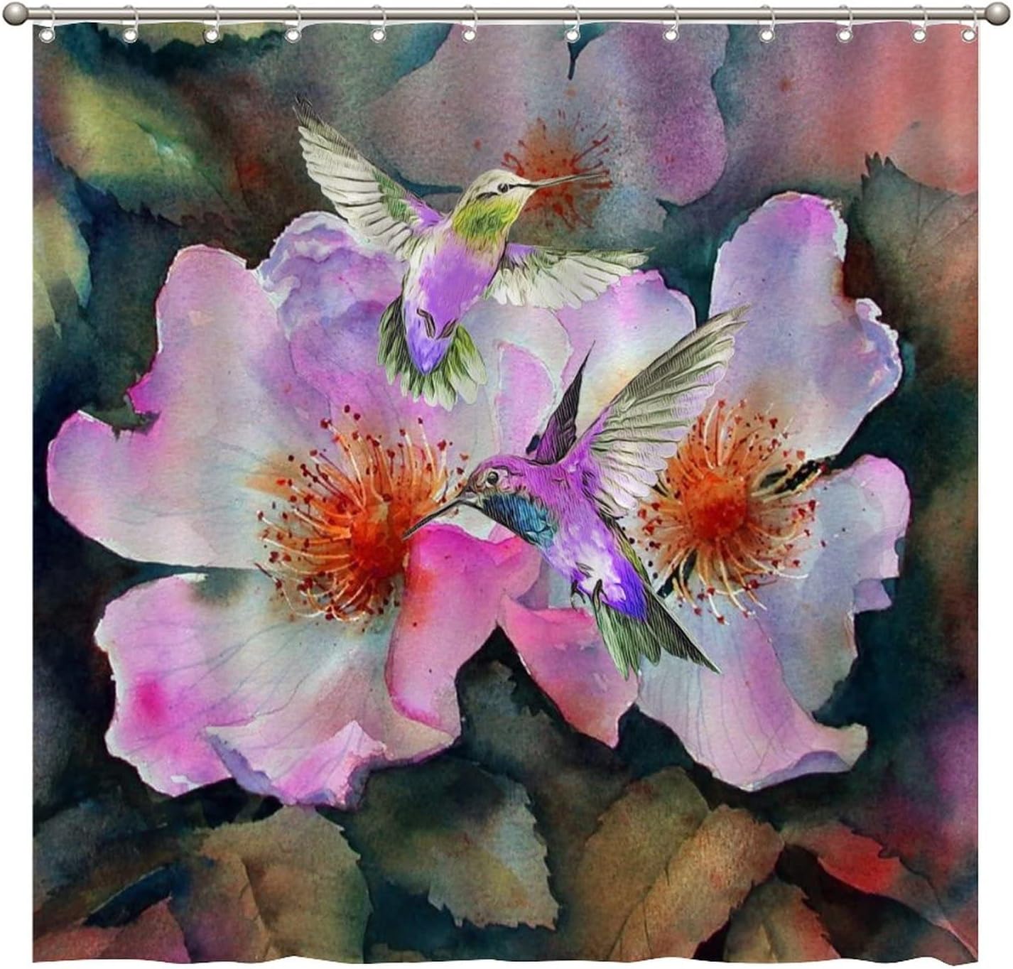 Colorful Fabric Shower Curtain with Cute Hummingbird and Flower Design